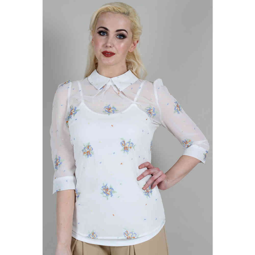 Voodoo Vixen - Wonder White Chiffon Floral Blouse - Wit